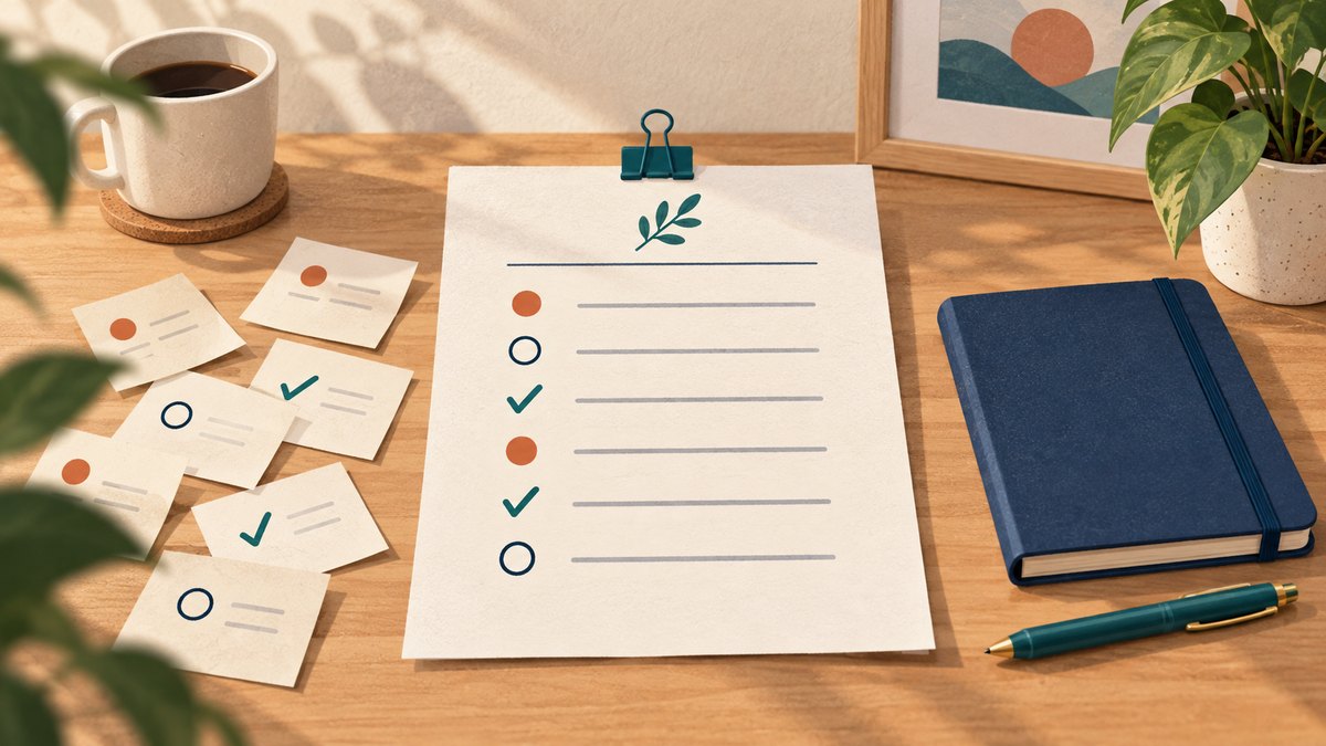 Illustration of scattered task notes gathered into an organized daily briefing.