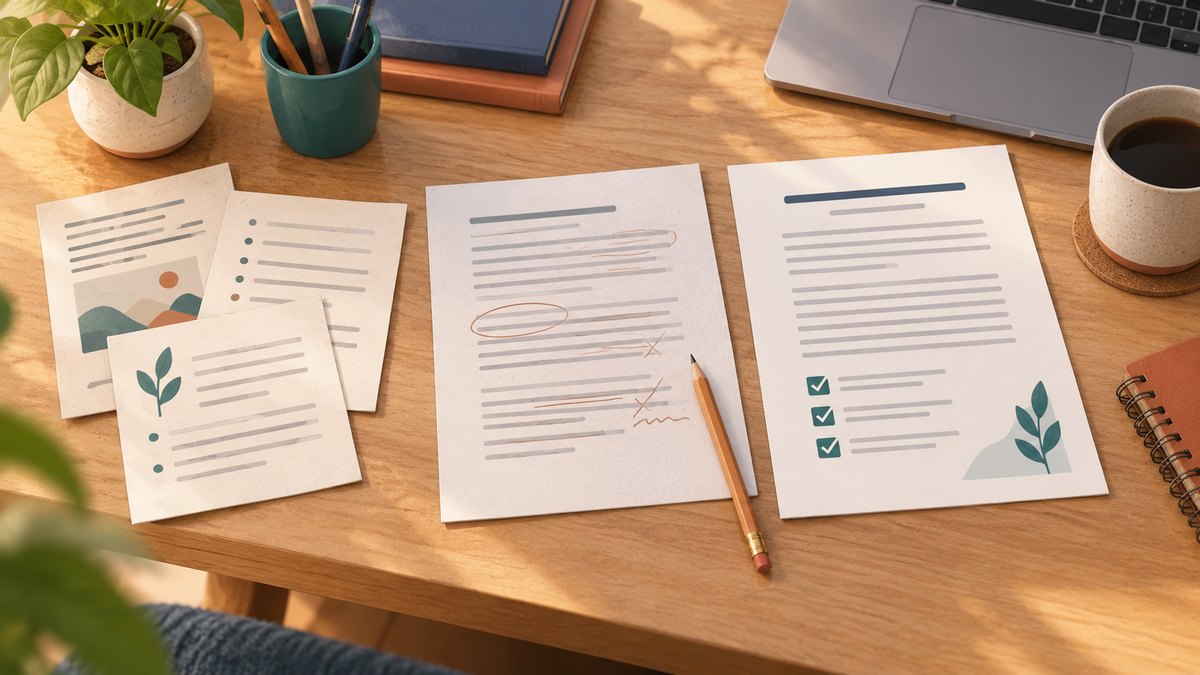 Illustration of source notes, a draft and a checked final document arranged as a practice project.