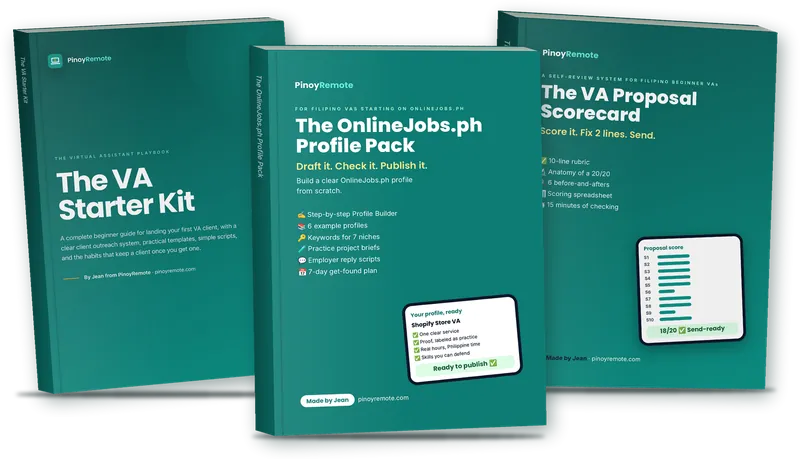The OnlineJobs.ph Profile Pack, VA Starter Kit and VA Proposal Scorecard books