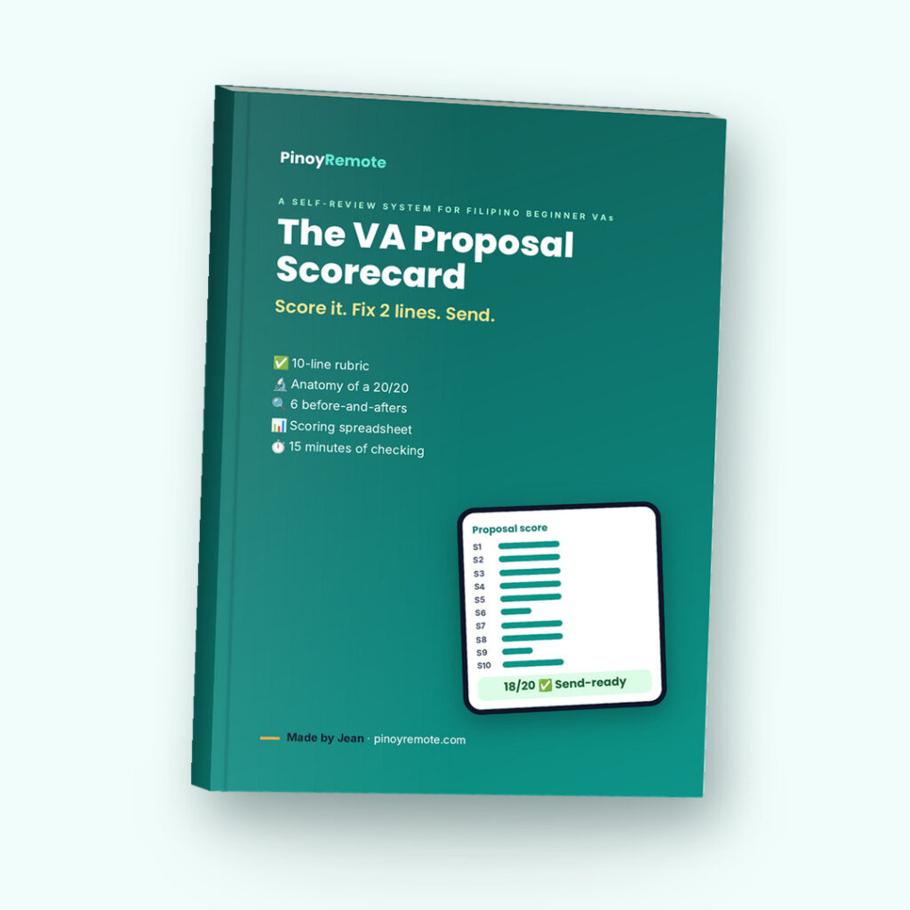 VA Proposal Scorecard cover shown as a book with a sample proposal score of 18 out of 20