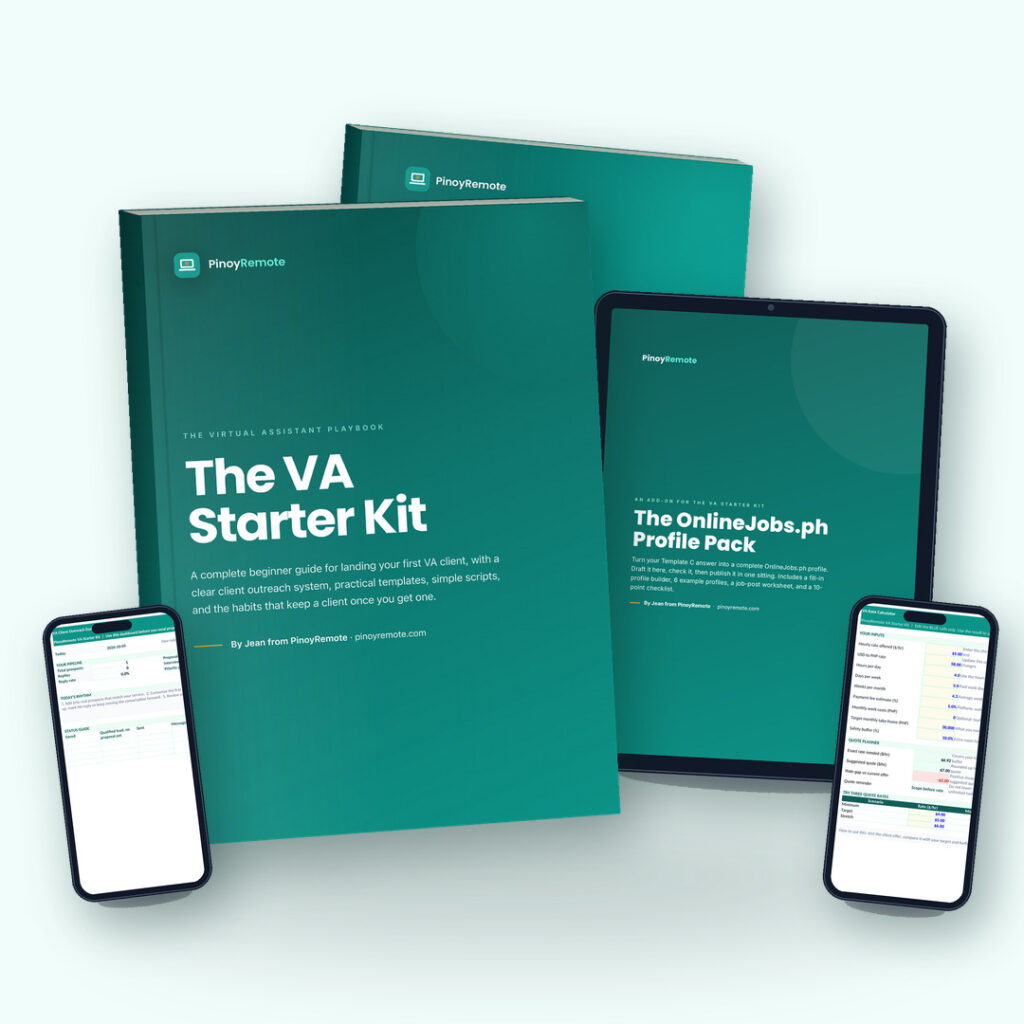 VA Starter Kit and OnlineJobs.ph Profile Pack covers on a notebook, a tablet and two phones
