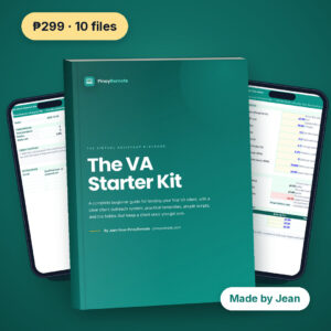 The VA Starter Kit guide with the Rate Calculator and Client Outreach Tracker on phones