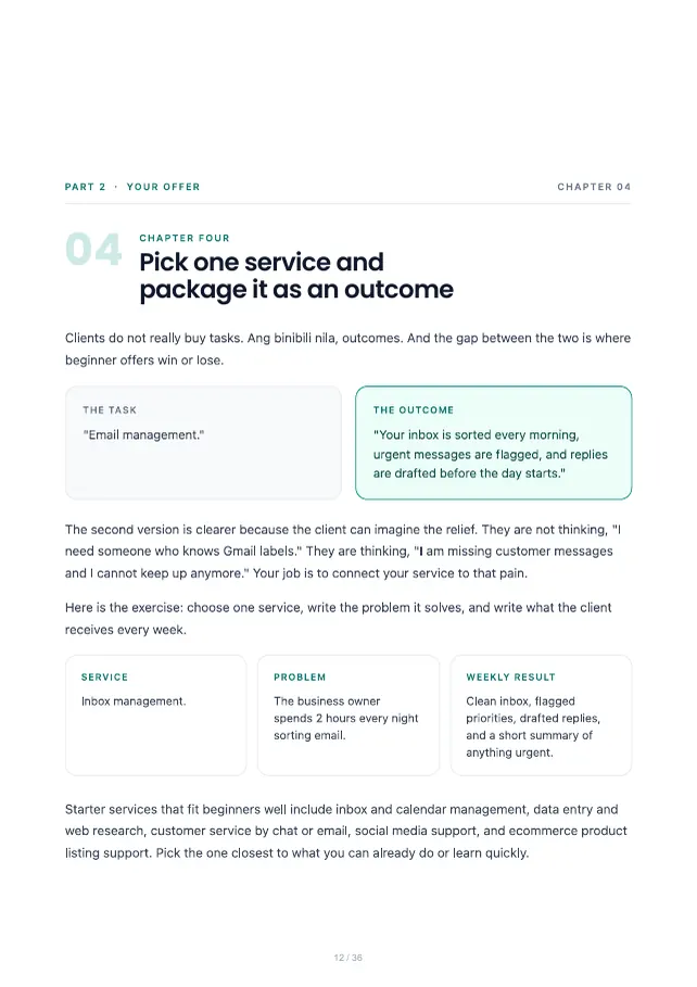 VA Starter Kit guide page 12: pick one service and package it as an outcome