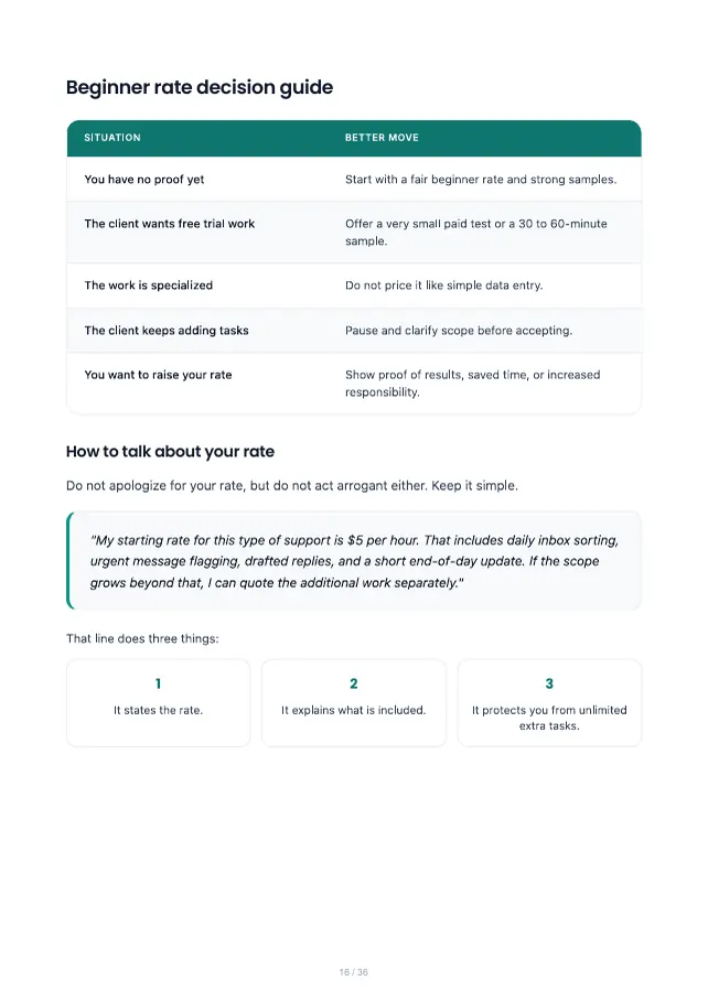 VA Starter Kit guide page 16: the beginner rate decision guide and how to talk about your rate