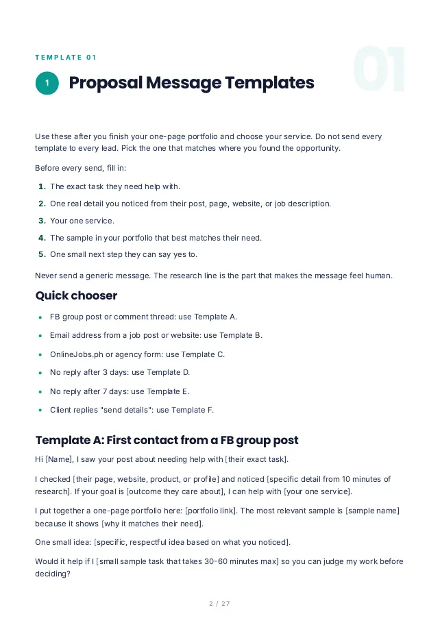 Template Pack page 2: proposal message templates with a quick chooser