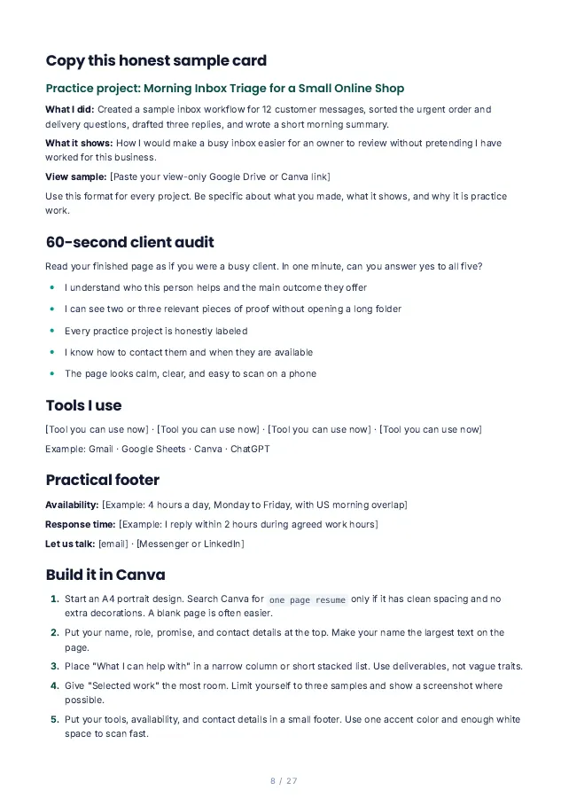 Template Pack page 8: a labeled practice sample card and a quick client audit