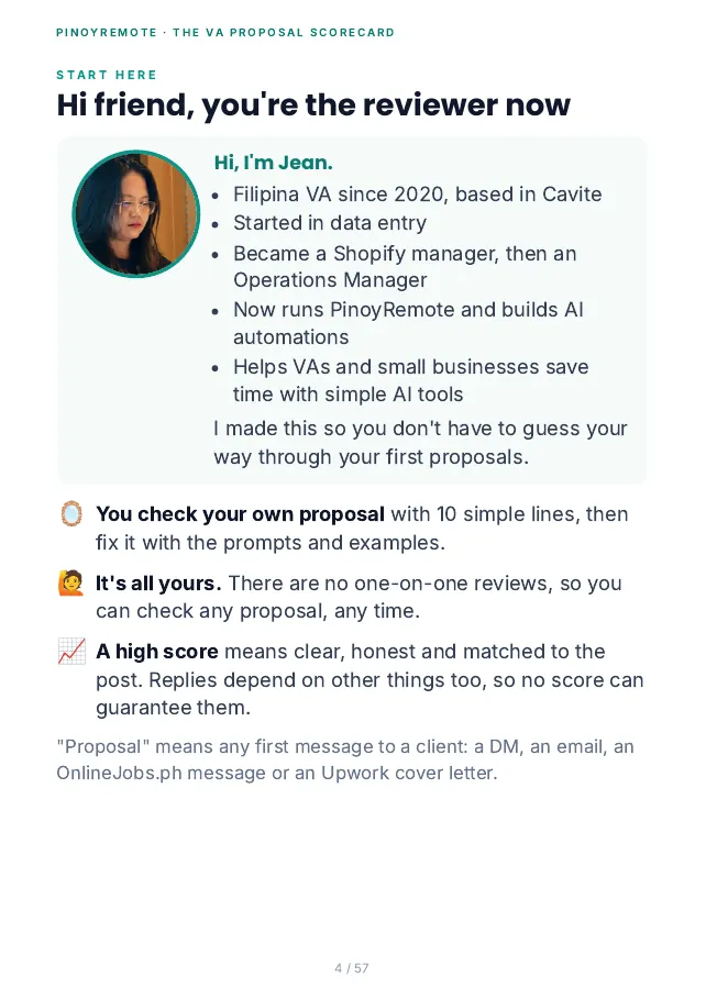 Scorecard page 4: Hi friend, you're the reviewer now, with Jean's short bio