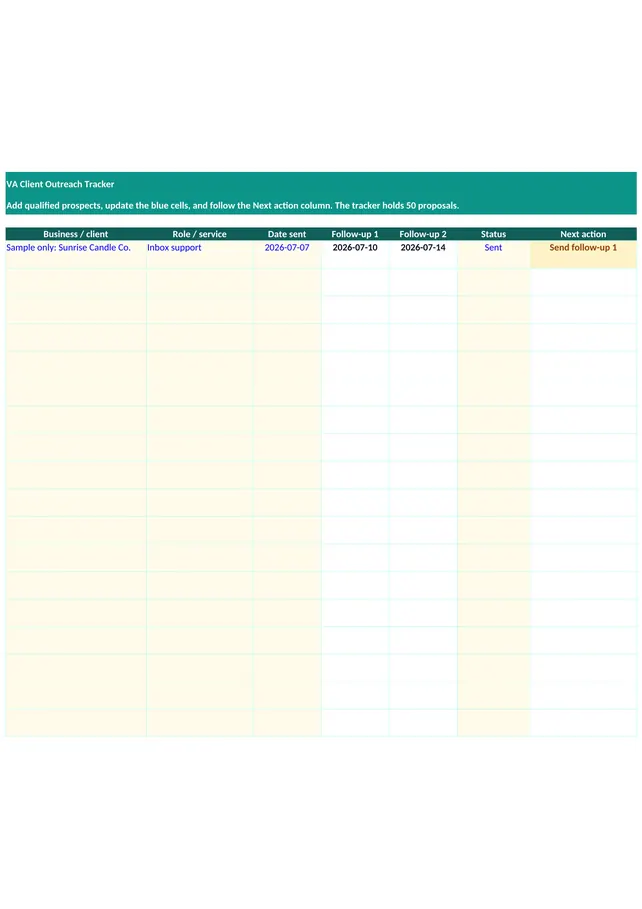 Client Outreach Tracker spreadsheet from the kit, with its one sample row and follow-up dates